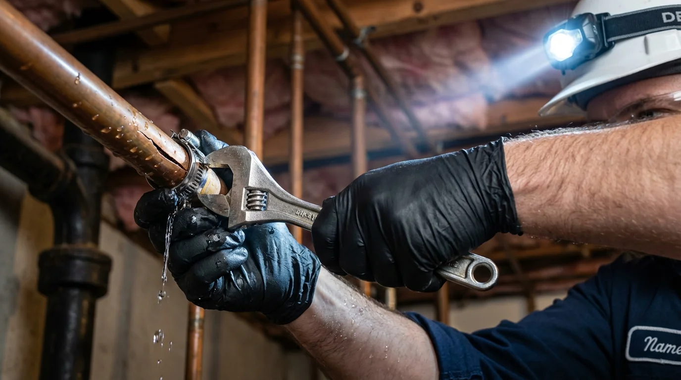 Emergency pipe clamp repair being performed by a Johns Plumbing LLC plumber in Levittown