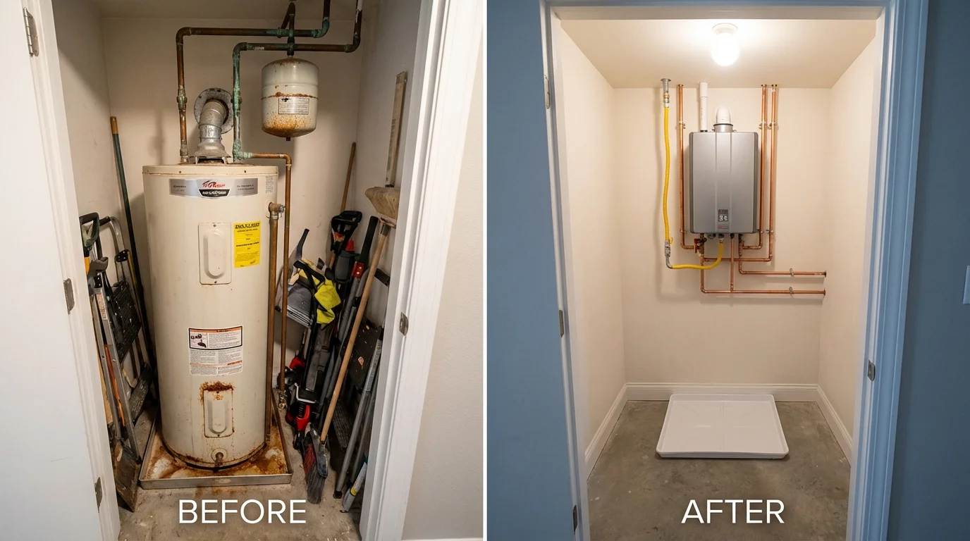 Tank water heater versus wall-mounted tankless unit comparison for Levittown, NY homeowners