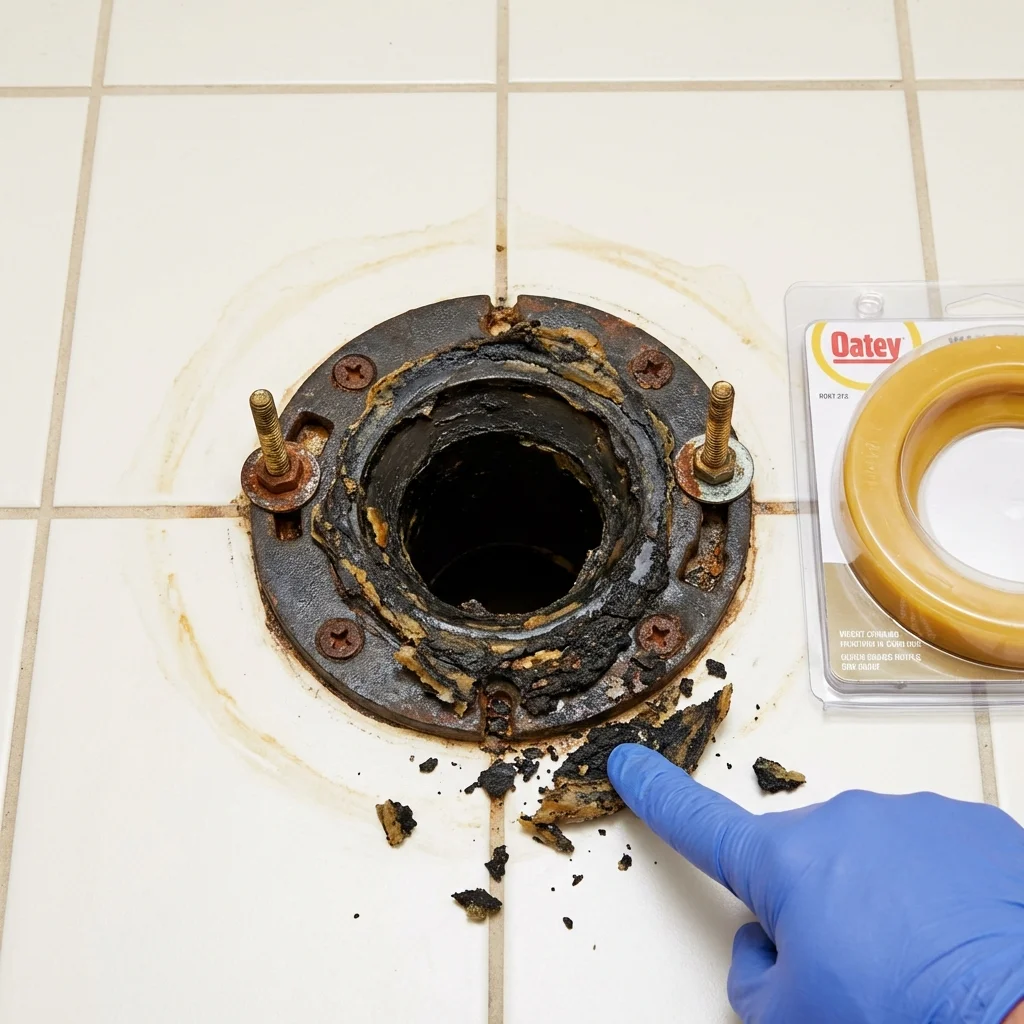 Failed wax ring showing water seepage at the base of a toilet in a Levittown, NY home