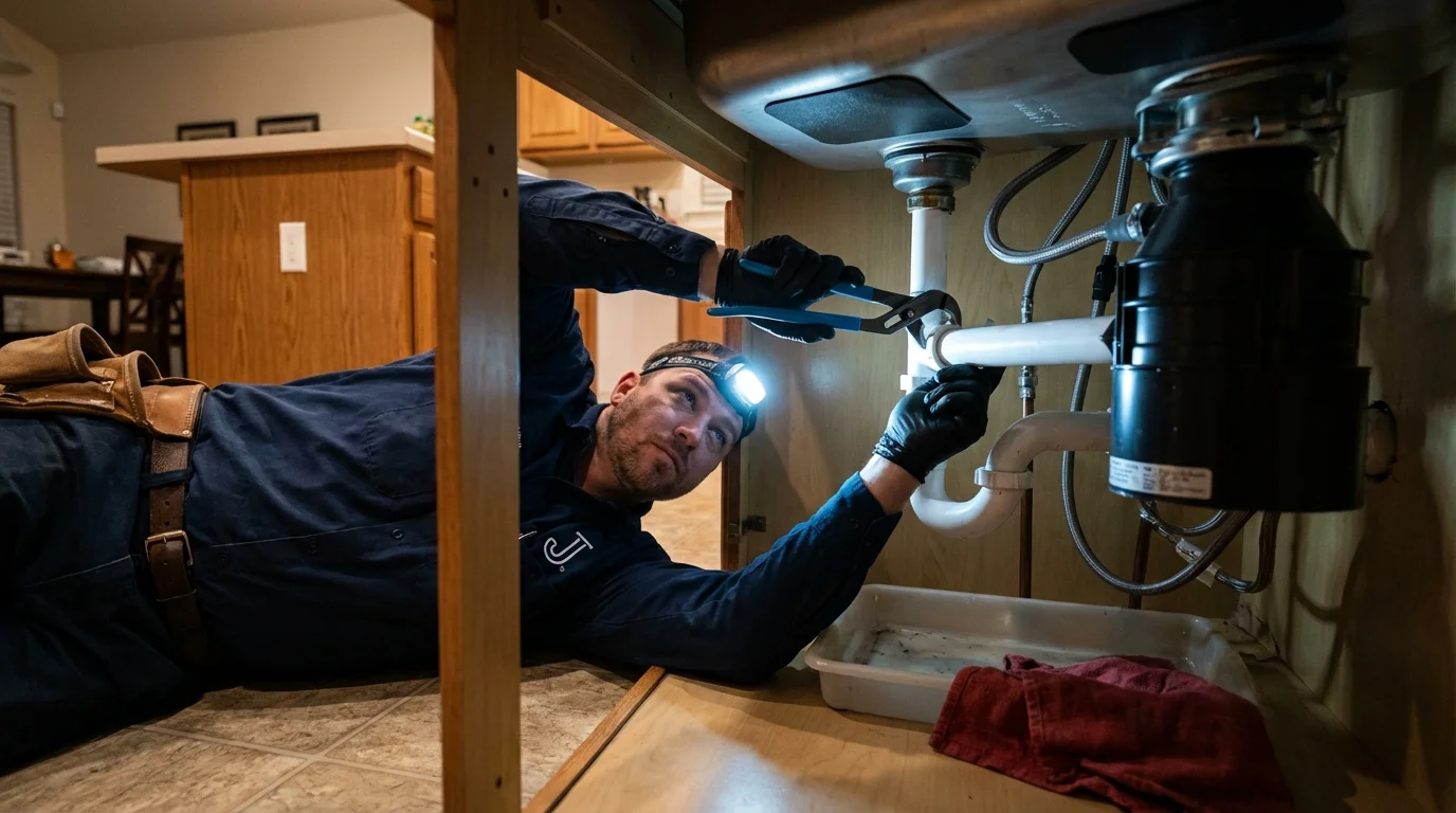 P-trap and supply line connections under a kitchen sink showing a common leak point in Levittown, NY